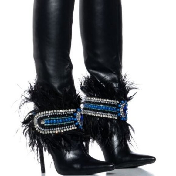 AZALEA WANG "DOING THE MOST"FEATHER EMBELLISHED KNEE HIGH BOOT/BLACK(BRAND NEW!! - Picture 1 of 9